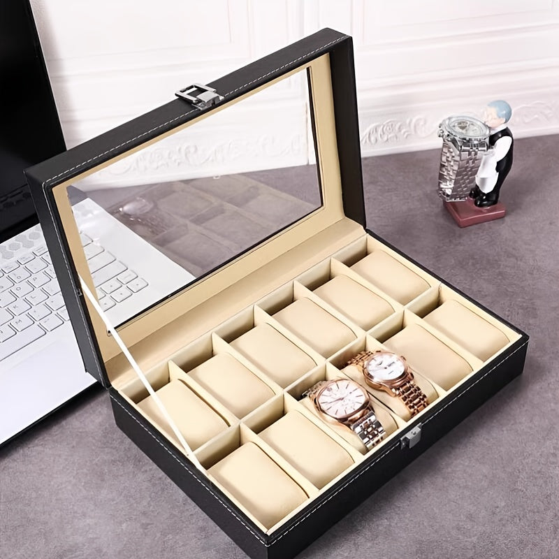 Jewelry Box - Watch Box 10 / 12 Slot Large Glass Lid - Watch Case Organizer with Removable Watch Pillows
